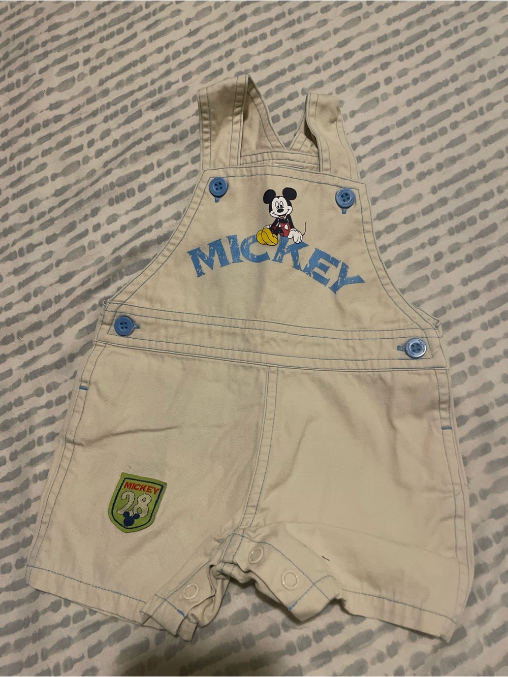 Disney Cream Overalls with Blue Mickey Script and Buttons